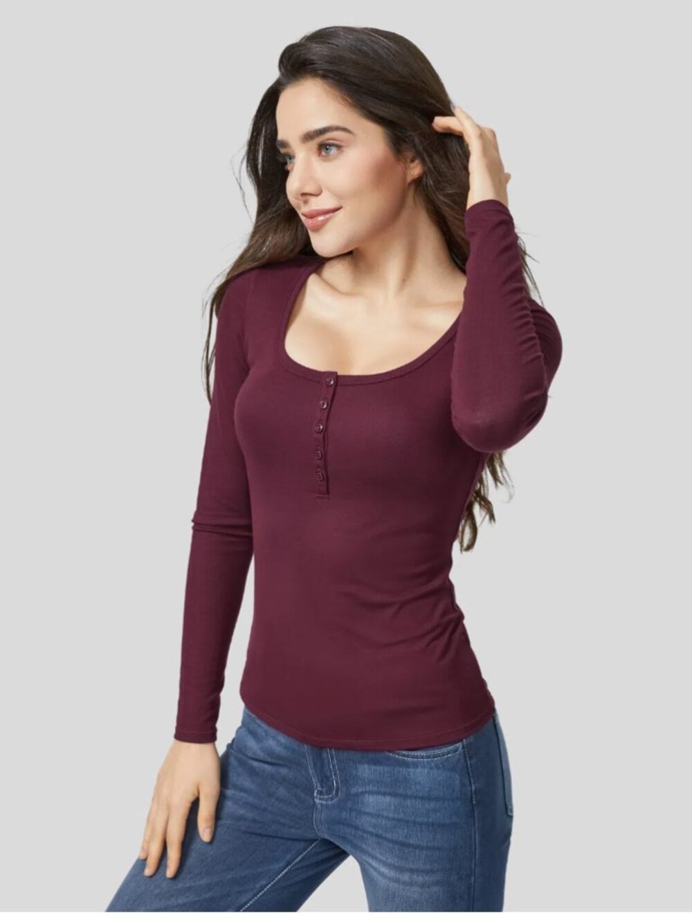 Halara Ribbed Henley Neck Long Sleeve Slim Casual T-Shirt - Maroon Banner